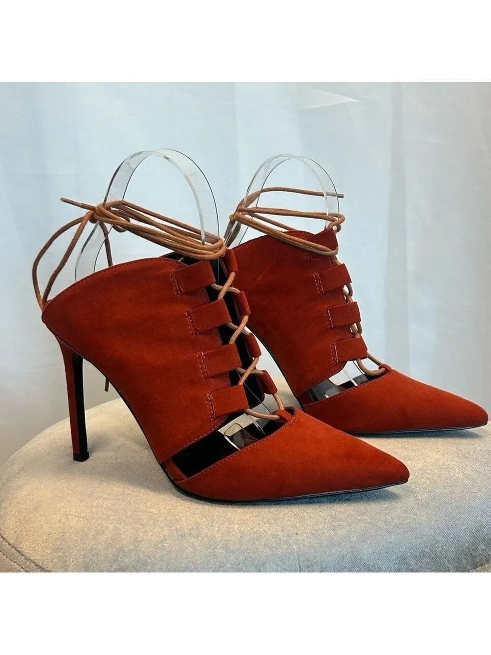 Nasty Gal burnt orange red lace-up faux leather mules high heels Sz 8.5